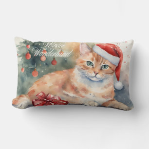 Christmas Orange Cat in Santa Hat Watercolor  Lumbar Cushion