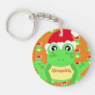 Christmas Orange Frog Santa Hat Pattern Novelty  Key Ring