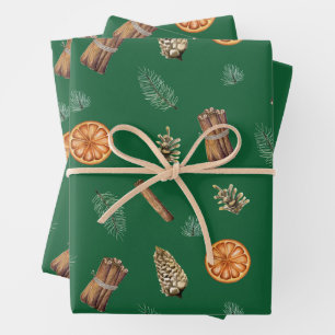 Christmas Orange Spice, Pine, Pinecones Green Wrapping Paper Sheet
