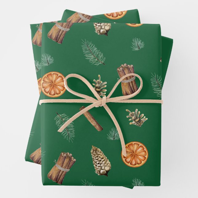 Christmas Orange Spice, Pine, Pinecones Green Wrapping Paper Sheet (In situ)
