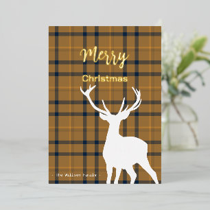 Christmas Orange Tartan And Deer Foil Holiday Card