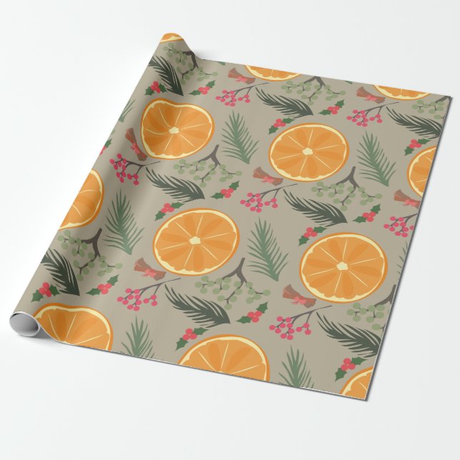 Christmas Orange Wreath Print Wrapping Paper (Unrolled)