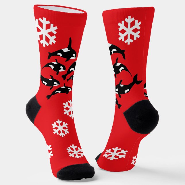 Christmas Orca Killer Whales and Snowflakes Red Socks (Angled)