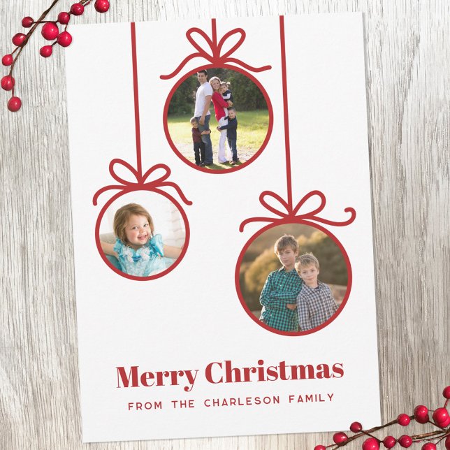 Christmas Ornament 3 Photo Holiday Card (Three photo Christmas ornament holiday card)