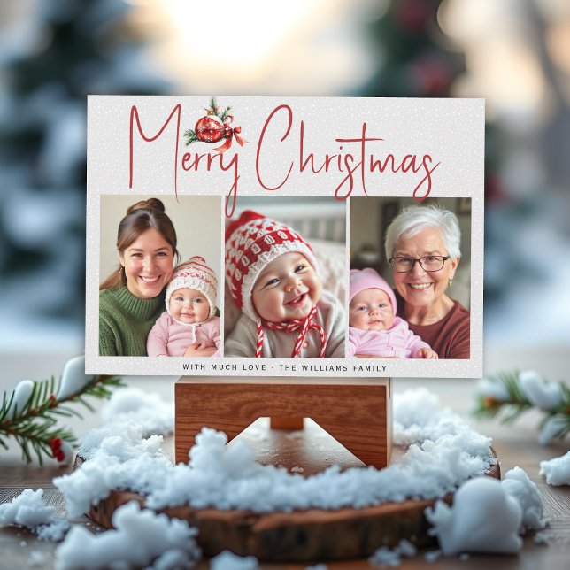 Christmas ornament and red bow three photo collage holiday card (Creator Uploaded)