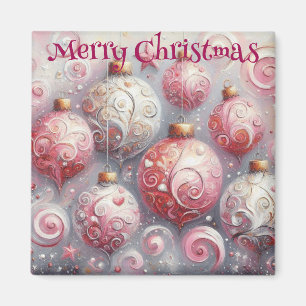 Christmas Ornament Balls Pink White w/Swirls Magnet