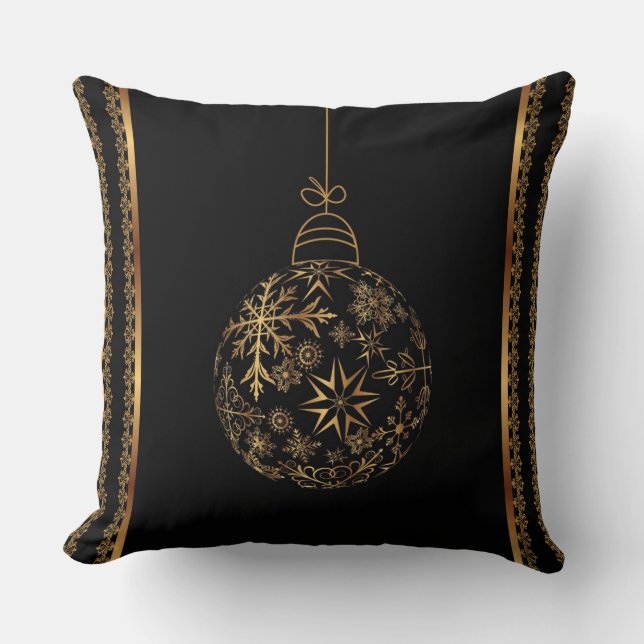 Christmas Ornament Black & Golden Square Cushion (Front)