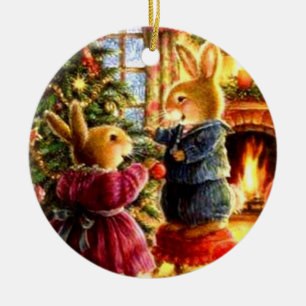 Christmas Ornament - Bunnies Decorating the Tree