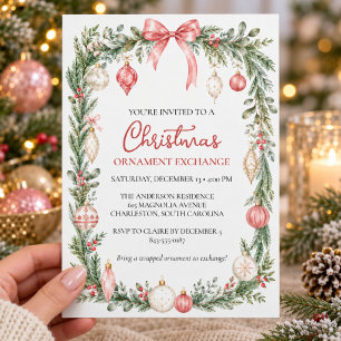 Christmas Ornament Exchange Blush Bow Greenery Holiday Card