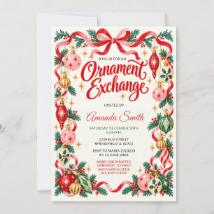 Christmas Ornament Exchange Party Red Bow Vintage Invitation