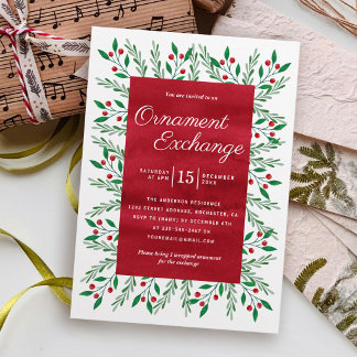 Christmas Ornament Exchange Party Red Watercolor Invitation