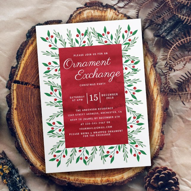 Christmas Ornament Exchange Party Red Watercolor Invitation (Creator Uploaded)