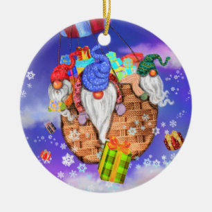 Christmas Ornament Gnomes Flying and Gives Gifts