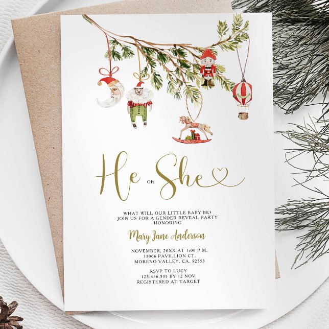 Christmas Ornament He or She Gender Reveal Invitation (Creator Uploaded)