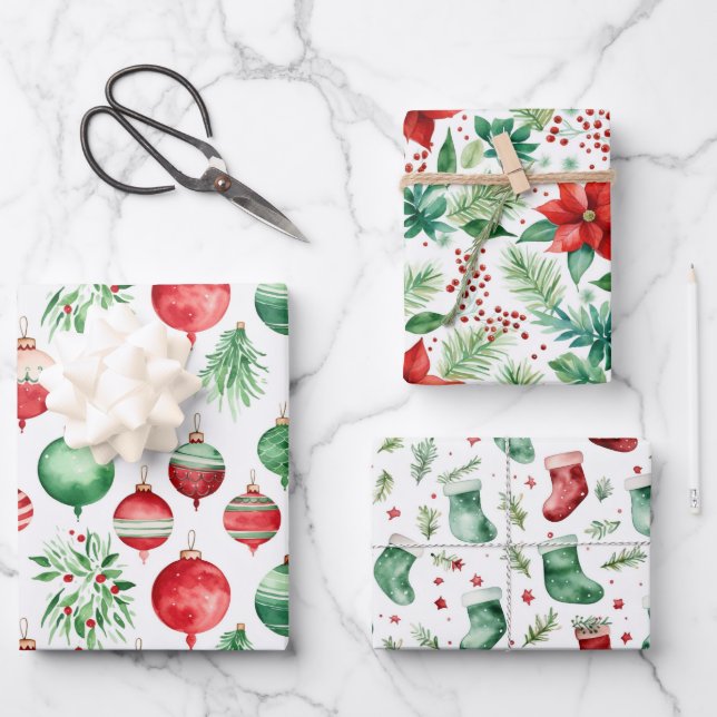 Christmas Ornament Holly Berry Stocking Holiday Wrapping Paper Sheet (Front)