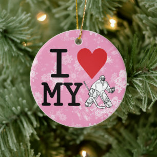 Christmas Ornament, I Love My Hockey Goalie Ceramic Tree Decoration