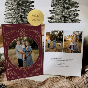 Christmas Ornament Line Art Burgundy Photo Foil Holiday Card