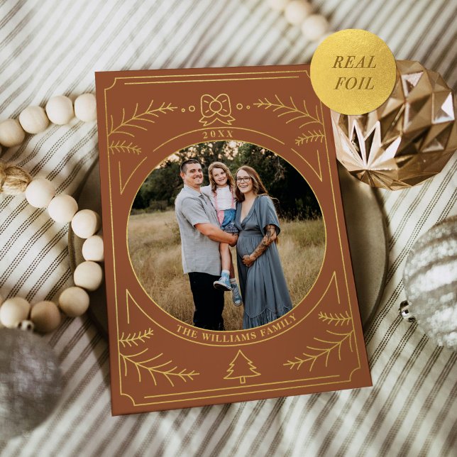 Christmas Ornament Line Art Terracotta Photo Foil Holiday Card (Creator Uploaded)