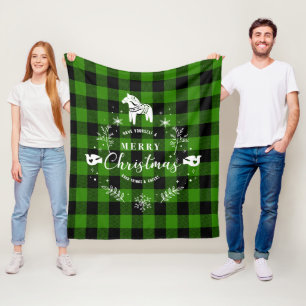 Christmas Ornament on black & green plaid pattern Fleece Blanket