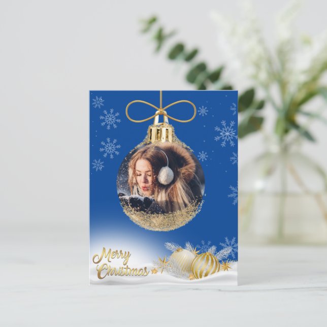 Christmas Ornament Photo Snowflakes Modern Blue Holiday Postcard (Standing Front)