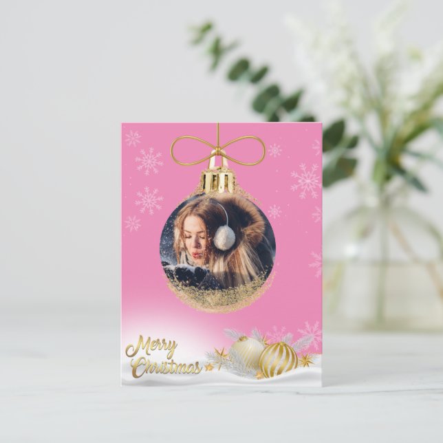 Christmas Ornament Photo Snowflakes Pink Modern Holiday Postcard (Standing Front)