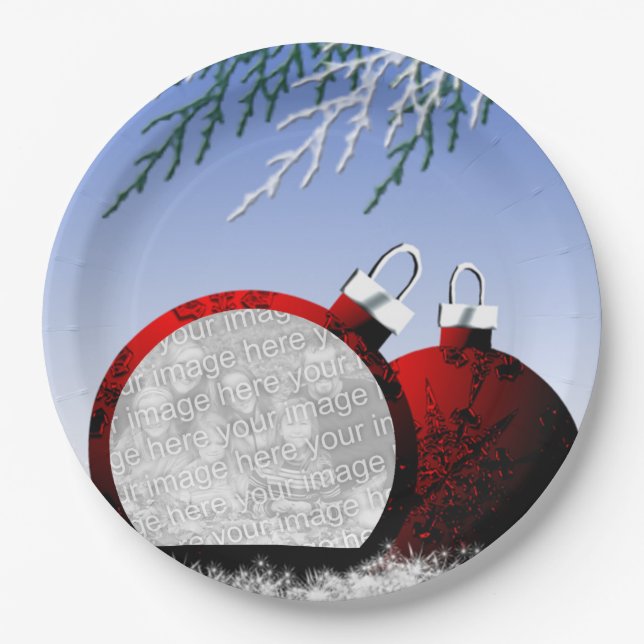 Christmas Ornament Photo Template Holiday Scene Paper Plate (Front)