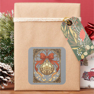 Christmas Ornament Red And Beige Art Nouveau Square Sticker