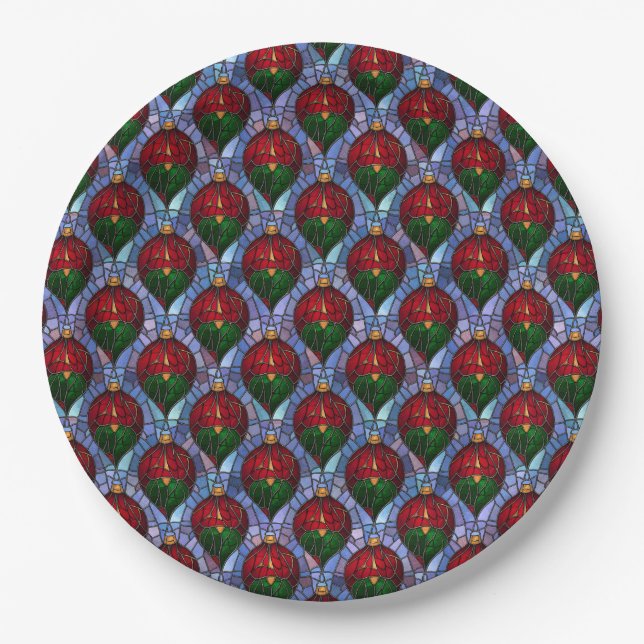Christmas Ornament Red Green Blue Stained Glass  Paper Plate (Front)