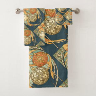 Christmas Ornament Red Orange Beige Art Nouveau Bath Towel Set