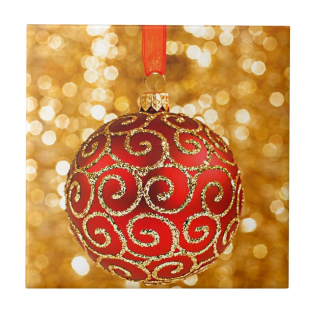 Christmas Ornament Red with Gold Twinkle Lights Tile (Front)