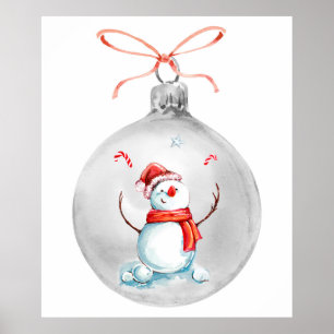Christmas ornament snow man watercolor poster
