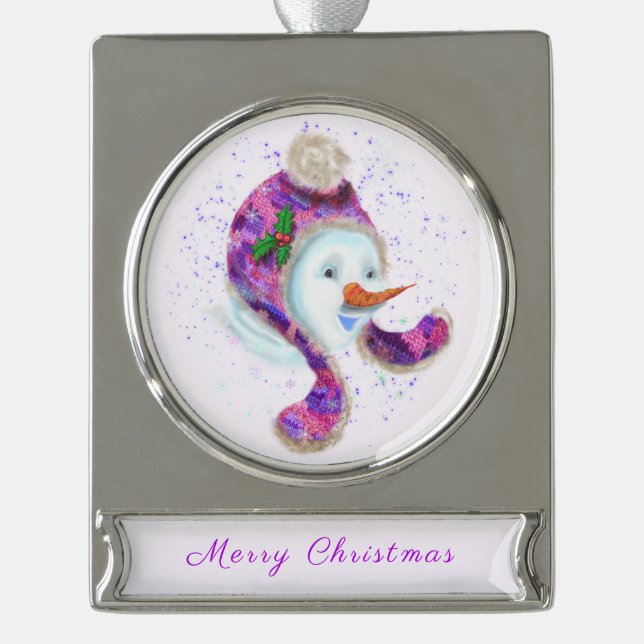 Christmas Ornament Snowman In Purple Pink Hat (Front)