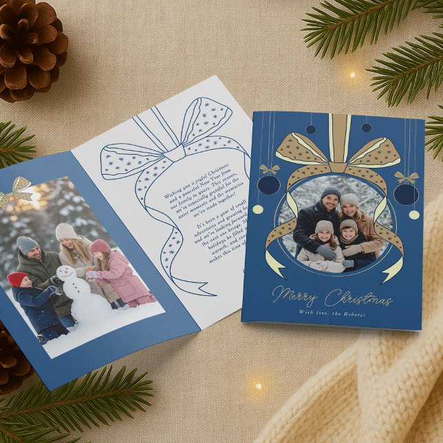 Christmas Ornament Unique Ribbon Bow Two Photos Card (elegant whimsical bows and Christmas ornament photo holiday greeting cards in blue & cream)