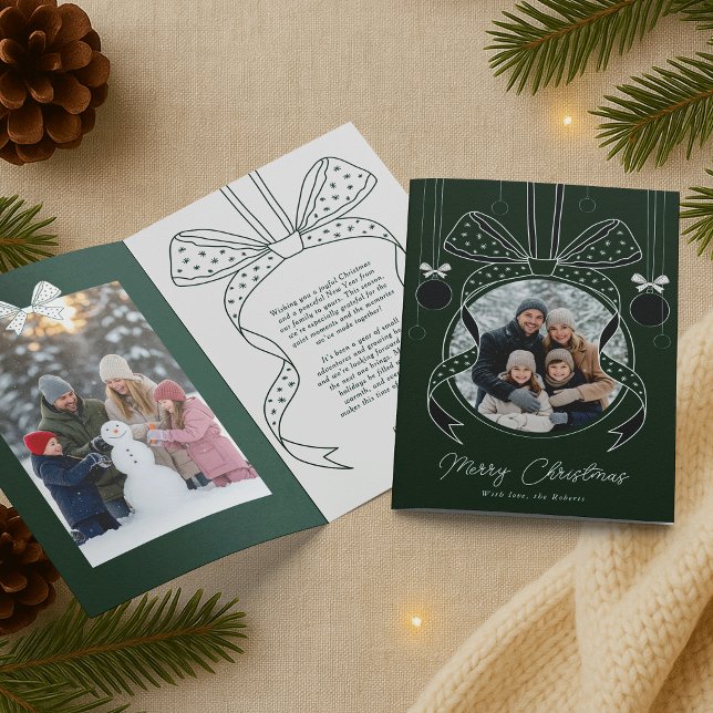 Christmas Ornament Unique Ribbon Bow Two Photos Card (elegant whimsical bows and Christmas ornament photo holiday greeting cards in green & white)