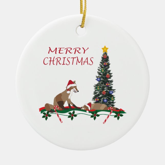 Christmas Ornament, wildlife, mom and baby fox Ceramic Ornament (Front)