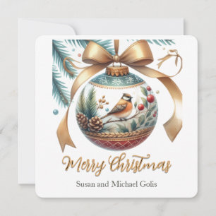 Christmas Ornament with Bird and Gold Ribbon  Holiday Card