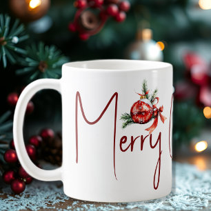 Christmas ornament with red bow and fir branches  coffee mug