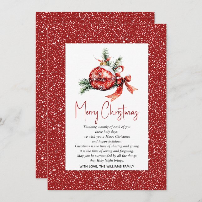 Christmas ornament with red bow and fir branches  holiday card (Front/Back)