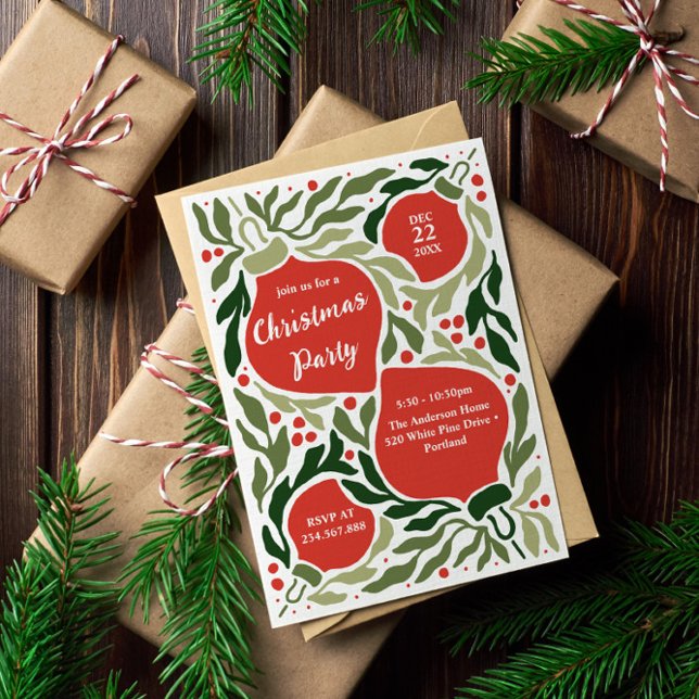 Christmas Ornaments and Foliage Holiday Party (Christmas Holiday Party Invitation with extra text on the back. Perfect for ornament exchange party)