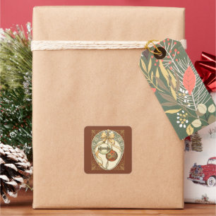 Christmas Ornaments Beige and Red Art Nouveau Square Sticker