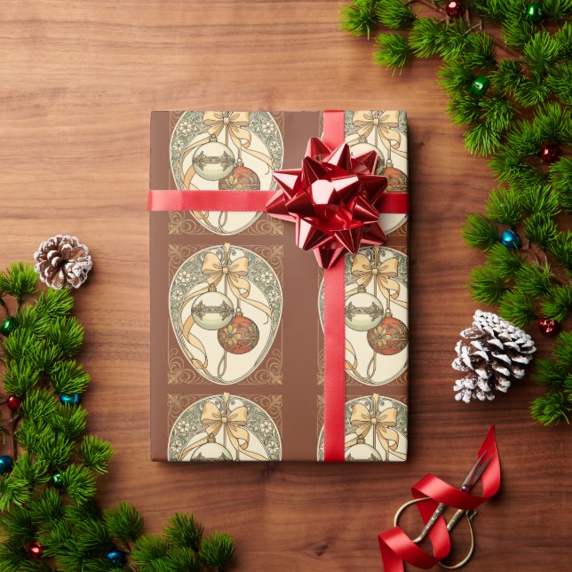 Christmas Ornaments Beige and Red Art Nouveau Wrapping Paper (Holiday Gift)