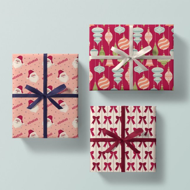 Christmas Ornaments, Bows and Santa Claus in Reds Wrapping Paper Sheet (Creator Uploaded)