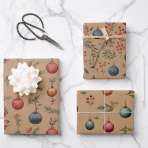 Christmas Ornaments Brown  Wrapping Paper Sheet