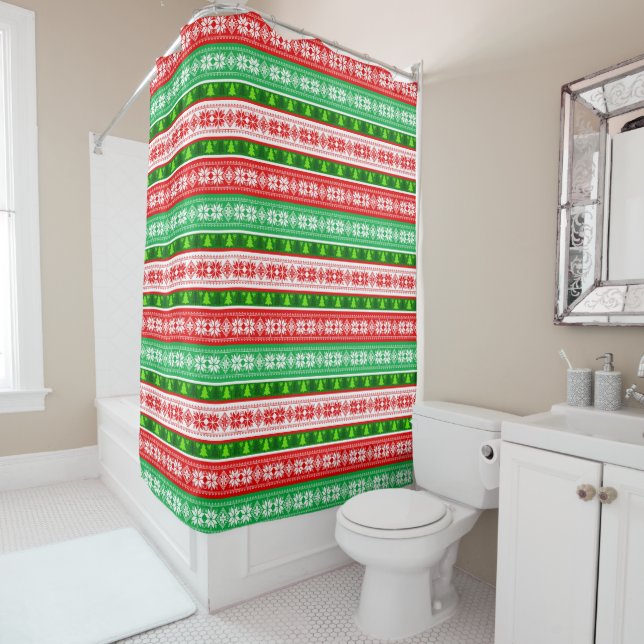 CHRISTMAS ORNAMENTS DESIGN RED WHITE GREEN SHOWER CURTAIN (In Situ)