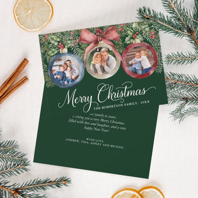 Christmas Ornaments Elegant Family 3 Photos Green Holiday Card (Creator Uploaded)