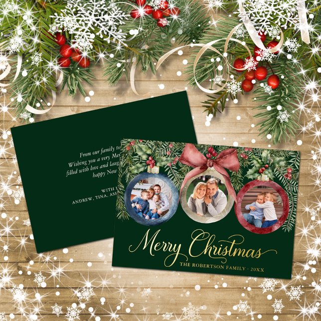 Christmas Ornaments Family Photos Green Gold Foil Holiday Card (Creator Uploaded)