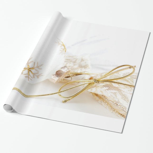 Christmas Ornaments Fancy Gold White Glitter Wrapping Paper (Unrolled)