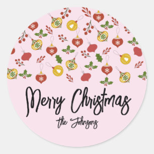Christmas Ornaments Festive Greenery  Pink    Classic Round Sticker