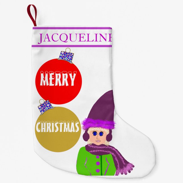 Christmas Ornaments Girl Plum Hat Small Christmas Stocking (Front)
