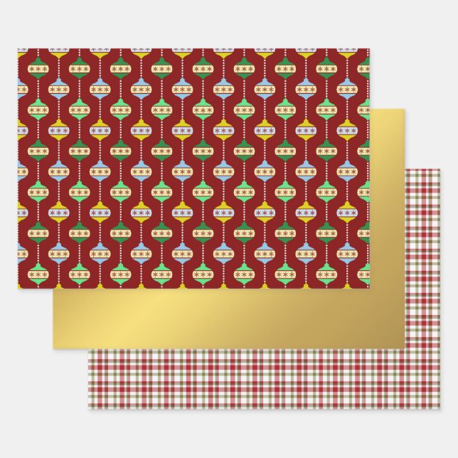 Christmas Ornaments, Gold Foil and Christmas Plaid Wrapping Paper Sheet (Set)